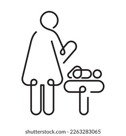 Linear toilet icon with mother and baby. WC sign. Baby changing room, symbol. Editable stroke. Diaper change station