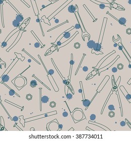 Linear tools icons seamless pattern. Home repair tool kit. Screwdriver, turnscrew, spanner wrench, pliers, nuts, nails, bolts, hammer, tape measure on stains background