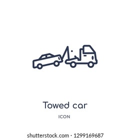 Linear towed car icon from Insurance outline collection. Thin line towed car icon isolated on white background. towed car trendy illustration