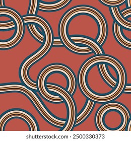 Linear traced seamless pattern. Striped circles and waves vector background. Retro groovy colorful fashion print.