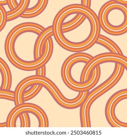 Linear traced seamless pattern. Striped circles and waves vector background. Retro groovy colorful fashion print.