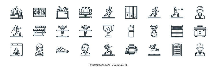 linear track and field icon pack. vector thin line training course, number, high jump, hammer throw, finish, first aid kit, shot put, winner icons suitable for apps and websites ui designs