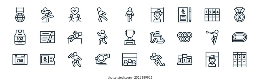 linear track and field icon pack. vector thin line runner, athlete, running, running track, athlete, track, team, running icons suitable for apps and websites ui designs
