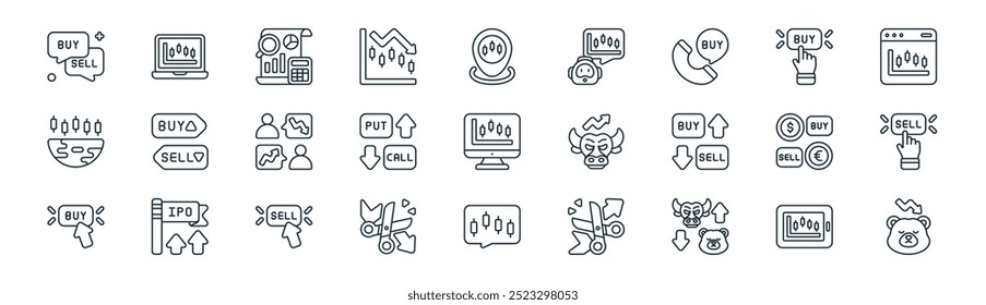 linear trading icon pack. vector thin line tablet, laptop, fundamental, buy button, options, sell, bubble, bear market icons suitable for apps and websites ui designs