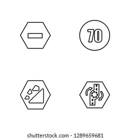 Linear Traffic, Falling rocks, Speed, Roundabout Vector Illustration Of 4 outline Icons. Editable Pack Of Traffic, Falling rocks, Speed, Roundabout