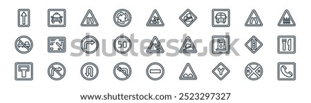 linear traffic sign icon pack. vector thin line railroad crossing, taxi, narrow road, narrow road, speed limit, restaurant, no entry, telephone icons suitable for apps and websites ui designs