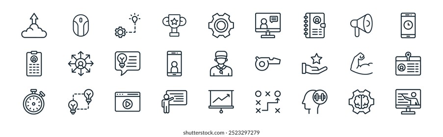 linear training and coaching icon pack. vector thin line brain, mouse, innovative, megaphone, videocall, id card, statistics, online learning icons suitable for apps and websites ui designs