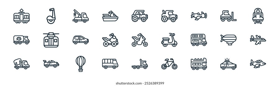 linear transport icon pack. vector thin line police,  , towing, bulldozer, atv, plane, truck, jet icons suitable for apps and websites ui designs