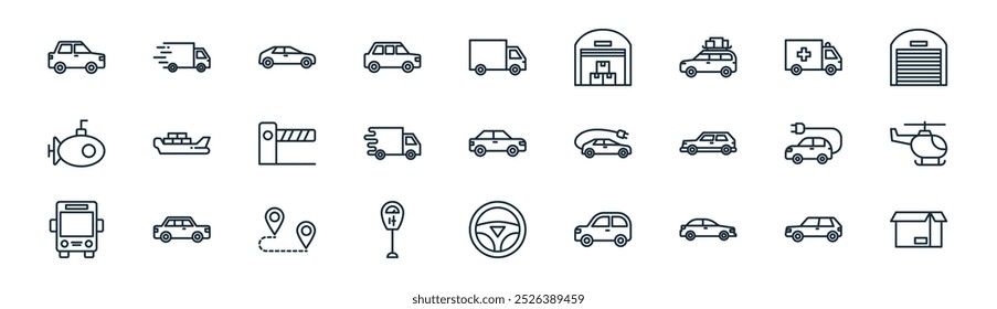 pacote de ícone de transporte linear. carro de linha fina vetor, caminhão de entrega, carro, ambulância, caminhão de entrega, helicóptero, volante, ícones de produto adequados para aplicativos e sites projetos de iu