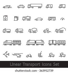 Linear Transport Icons Set: Cars, Trains, Plane, vector illustrations, isolated on white background.