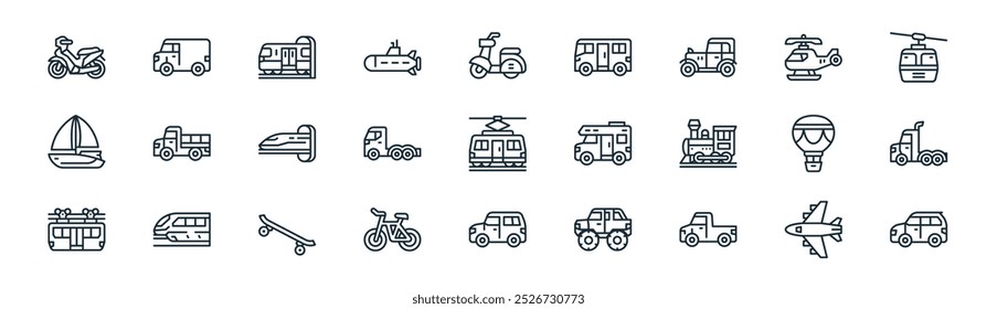 pacote de ícone de transporte linear. plano de linha fina vetor, van, metrô, helicóptero, caminhão grande, caminhão grande, suv, ícones cuv adequados para aplicativos e sites projetos de iu