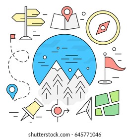 Linear Travel Elements. Hiking Adventure. Navigation Icons