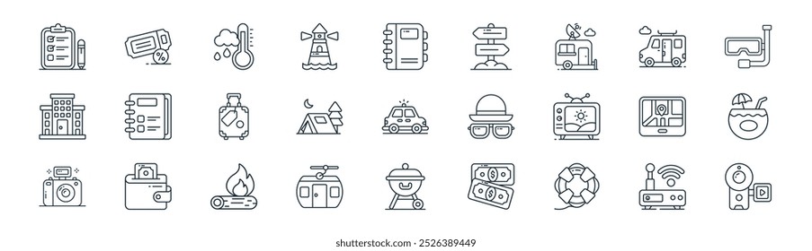 linear travel icon pack. vector thin line wifi router, ticket, rainy climate, campervan, campaign, coconut drink, grill, handycam icons suitable for apps and websites ui designs