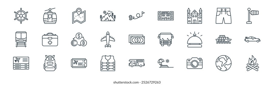 Vector mundo de la línea fina, cabina del teleférico, mapa, cortos, avión, coche, caravana, iconos de la hoguera convenientes para los App y los Sitios web