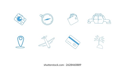Ícone de viagem linear definido com vários símbolos relacionados com o turismo, incluindo bagagem, avião, pino de localização, passaporte e mapa do mundo em estilo de linha preta moderna