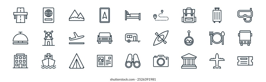 Icon-Paket für lineare Reisen. Vektor dünne Linie Flugzeug, Pass, Berg, Gepäck, Auto, Bus, Fernglas, Ticket-Symbole für Apps und Websites ui Designs