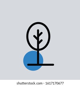 A linear tree icon with a blue circle behind it. A symbol of park, relaxing, ecology and plantiing tree. Great for web, business, app.