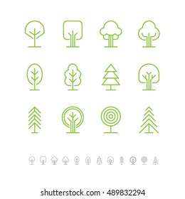 Linear tree logo, icon and symbol set isolated on white background