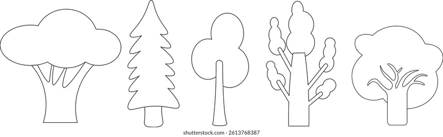 linear tree's collection in doodle style. Objects for design, logo, print, icon, landscape, coloring, background, sticker, postcard.