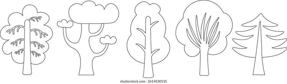 linear tree's collection in doodle style. Objects for design, logo, print, icon, landscape, coloring, background, sticker, postcard.