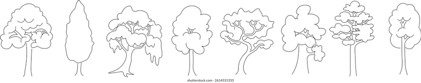 linear tree's collection in doodle style. Objects for design, logo, print, icon, landscape, coloring, background, sticker, postcard.
