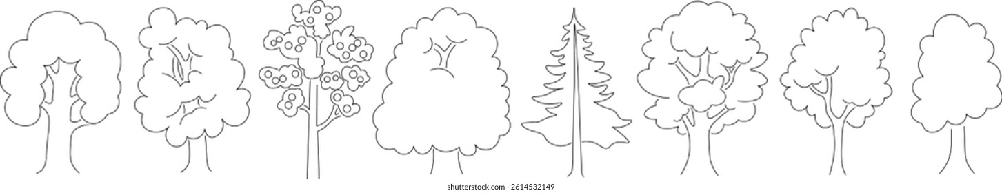 linear tree's collection in doodle style. Objects for design, logo, print, icon, landscape, coloring, background, sticker, postcard.