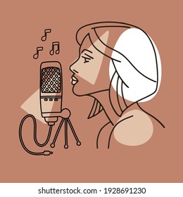 Linear trendy Illustration of a Girl Profile Silhouette singing to a Retro Microphone. Yoand woman Sings a Song. Abstract shapes with lines in pastel colors. Vector image for avatar