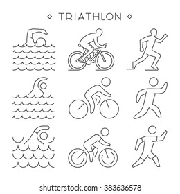 Linear triathlon symbol. Vector figures triathletes. Outline triathlon icons. Line shapes triathletes. Swimming, cycling and running icons. Vector triathlon logo.
