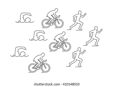 Linear triathlon symbol. Vector figures triathletes.