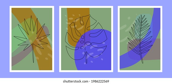 Linear tropical leaves on an abstract background. Modern art, interior paintings, postcards. Boho style. Vector illustration.