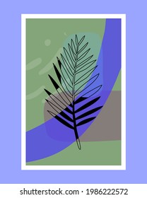 Linear tropical palm leaf on abstract background with black accents. Modern art, interior paintings, postcards. Boho style. Vector illustration.