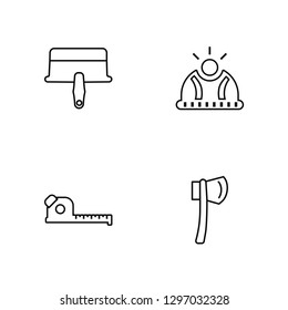 Linear Trowel, Measuring tape, Helmet, Axe Vector Illustration Of 4 outline Icons. Editable Pack Of Trowel, Measuring tape, Helmet, Axe