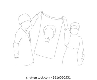 Linear Turkish holiday, kids icon, children. Continuous one line drawing style Happy April 23 Children's Day. 
 Children holding hands the Turkish flag.  Hand made vector not Al