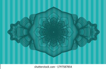 Linear Turquoise color guilloche pattern realistic badge. Striped delicate background. Artistic illustration. 