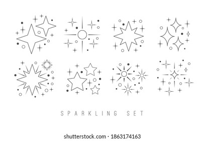 Linear twinkle Stars. Shine Sparkles. Various shapes. Minimalistic Icons. Elegant thin line simple geometric design. Party, celebration concept. Trendy Vector set. All elements are isolated on white