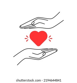 linear two hand holding heart like empathy. concept of non profit fund for humanitarian aid or philanthropy sign. outline stroke art design or simple graphic logotype element for business or web badge