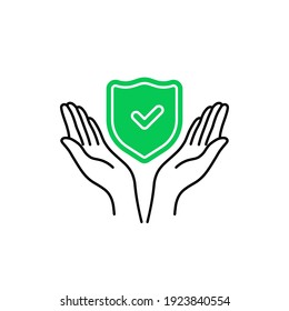 linear two hands with green shield and tick. simple flat style trend cupped logotype graphic stroke art design element isolated on white. concept of best choice service or charity foundation emblem