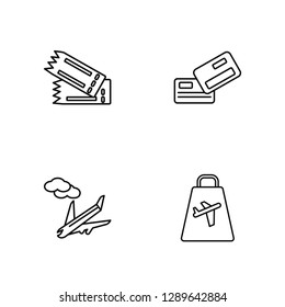 Linear Two Plane Tickets, Plane Landing, Two Cit Cards, Duty Free Bag Vector Illustration Of 4 outline Icons. Editable Pack Of Two Plane Tickets, Plane Landing, Two Cit Cards, Duty Free Bag
