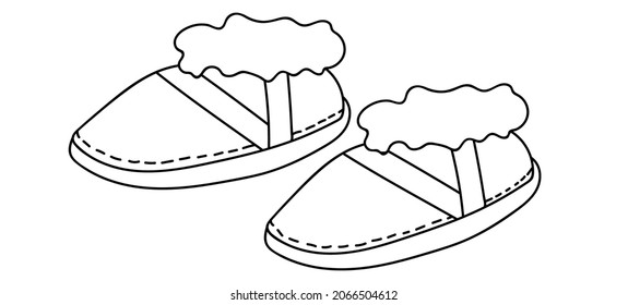 Linear ugg boots, cozy shoes for home. Winter Hygge. Vector illustration in Scandinavian, Nordic style. Hand drawn line art.