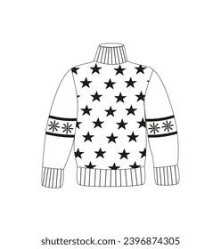 Linear ugly turtleneck warm sweater with stars pattern. Winter cozy pullover, jumper. Basic essentials. Cozy clothing. Line art. Outline drawing. Doodle, icon, sketch. Christmas holidays. 