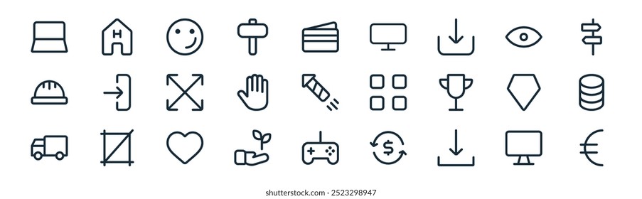 linear ui essential icon pack. vector thin line display, hospital, friendly, eye, hand, database, game, euro icons suitable for apps and websites ui designs
