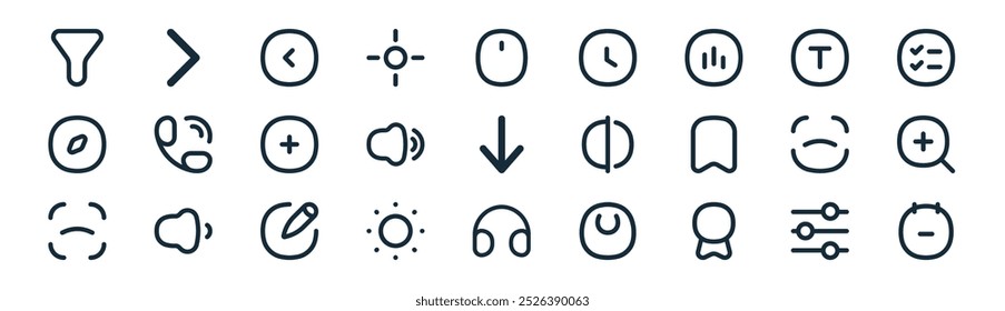 linear ui essential icon pack. vector thin line ting, back, left arrow, text, volume, zoom in, headphone, note icons suitable for apps and websites ui designs