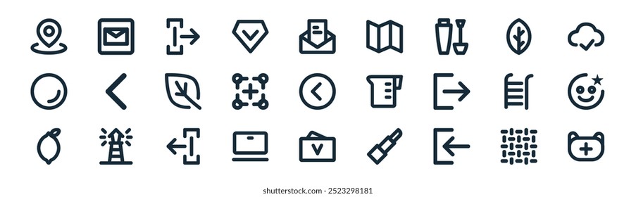 linear ui icon pack. vector thin line pattern, mail, link, leaf, lens, eye makeup, user interface, mask icons suitable for apps and websites ui designs