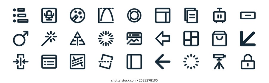 linear ui icon pack. vector thin line video, seat, magic tool, luggage, loading, left down arrow, layout, lock icons suitable for apps and websites ui designs