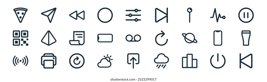 linear ui icon pack. vector thin line power, direct, back, plus, phone, pint, upload, back icons suitable for apps and websites ui designs