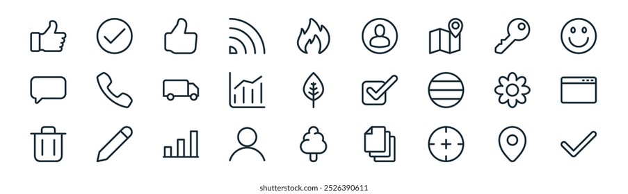 linear ui icon pack. vetor linha fina, marca de seleção, como, chave, estatística, site, árvore, marca de verificação ícones adequados para aplicativos e sites ui designs