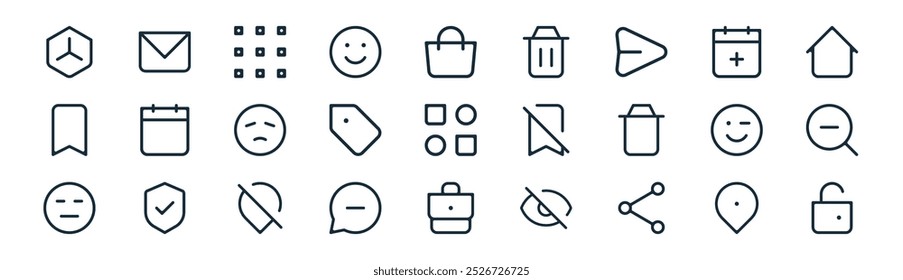 linear ui icon pack. vector thin line location, email, apps, calendar, badge, zoom out, briefcase, lock icons suitable for apps and websites ui designs