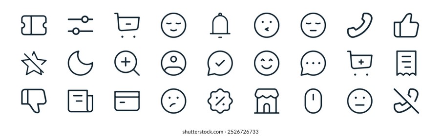 linear ui icon pack. vector thin line neutral face, options, remove from cart, phone, profile, invoice, discount, phone icons suitable for apps and websites ui designs