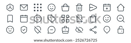 linear ui icon pack. vector thin line location, email, apps, calendar, badge, zoom out, briefcase, lock icons suitable for apps and websites ui designs