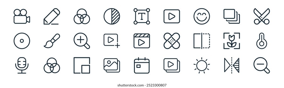 Video Vector de líneas finas de reflexión, lápiz, superposición, capas, adición, termómetro, calendario, minimizar los íconos adecuados para App y Sitios web UI diseños
